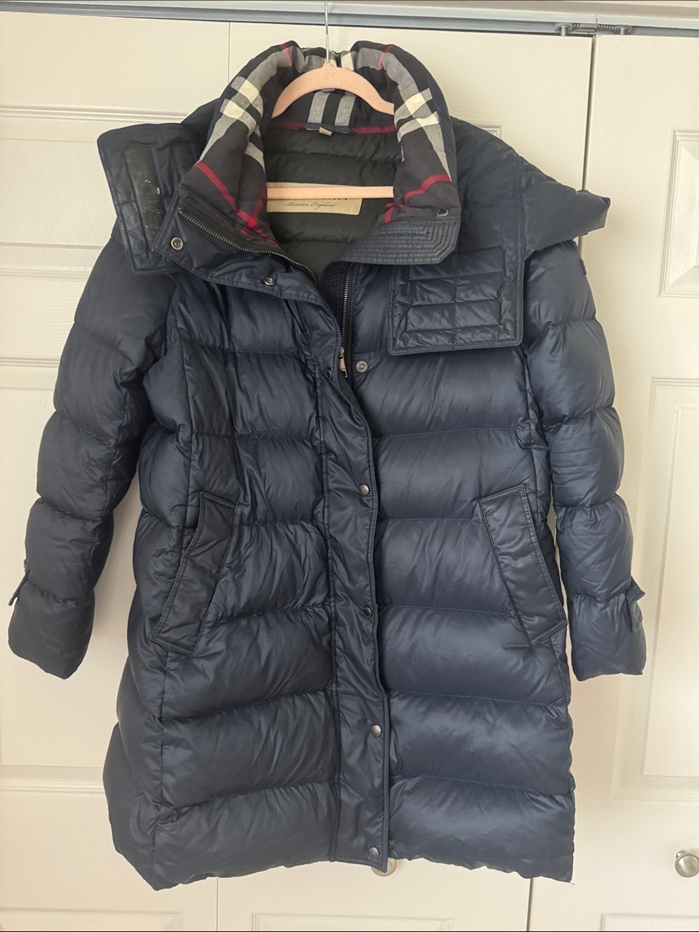Burberry Navy Quilted Puffer Coat with Plaid Trim